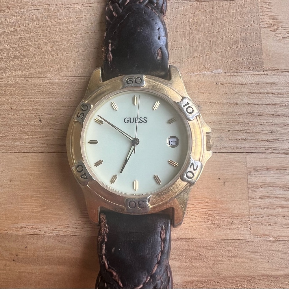 Vintage guess gold tone braided brown leather dress watch NEW BATTERY
